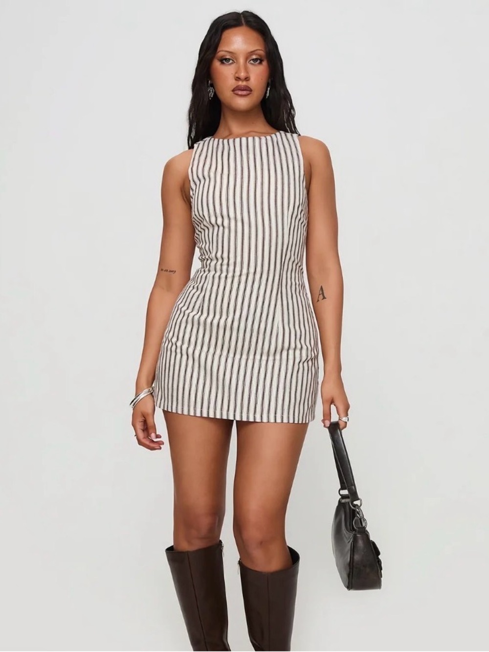 Striped Sleeveless Mini Dress - Cream & Black